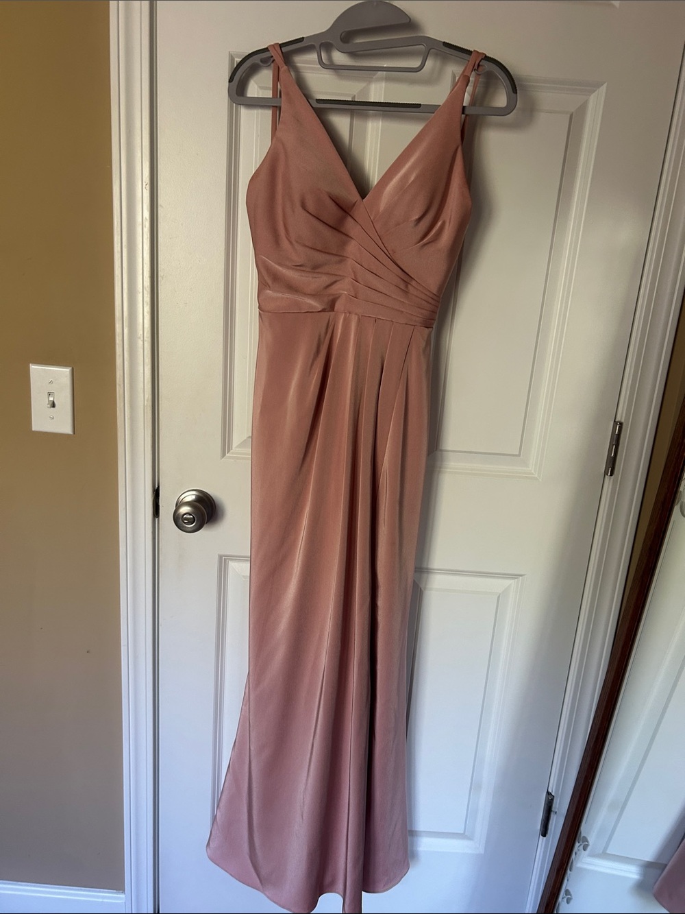 Faviana Rose Dusty Pink Satin V-Neck Maxi Gown